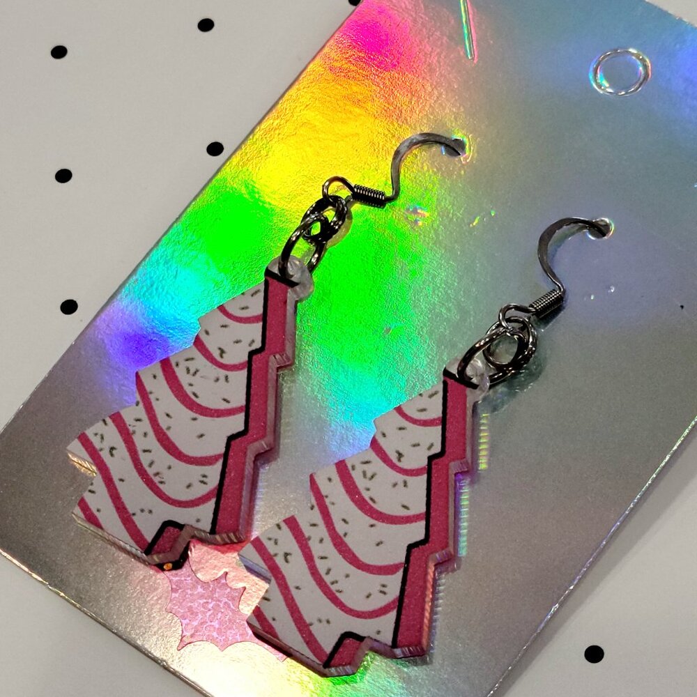 Pink Christmas Tree Cake Earrings Stainless Steel Hooks Holiday Earrings Funky - Picture 5 of 6